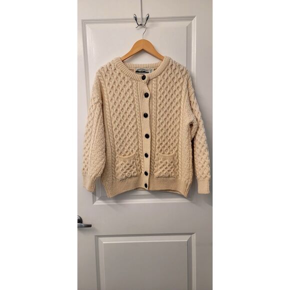 Irish 100% Wool Arancrafts Cream White Cable Knit Button Cardigan Sweater Sz. M - Picture 1 of 10